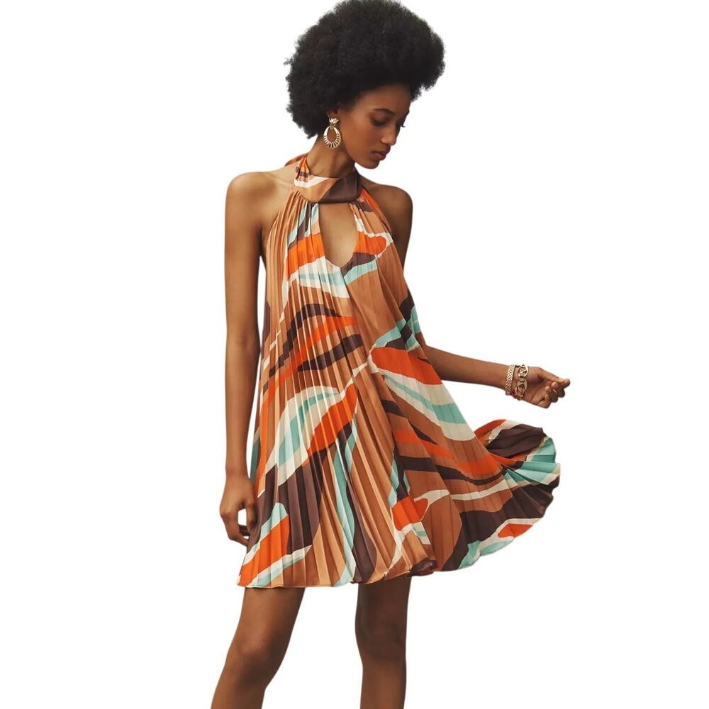 Hutch Anthropologie Halter Pleated Swing Mini Dress Geo Print Brown Size Large